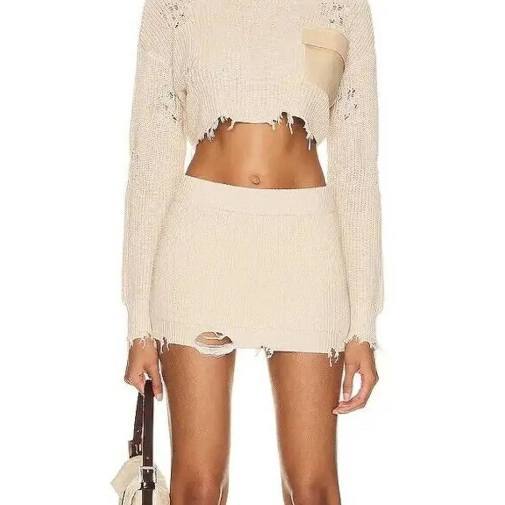 SER.O.YA Arola Skirt Rib Knit Cappuccino Beige Pull On Cotton Distressed XL NWT
